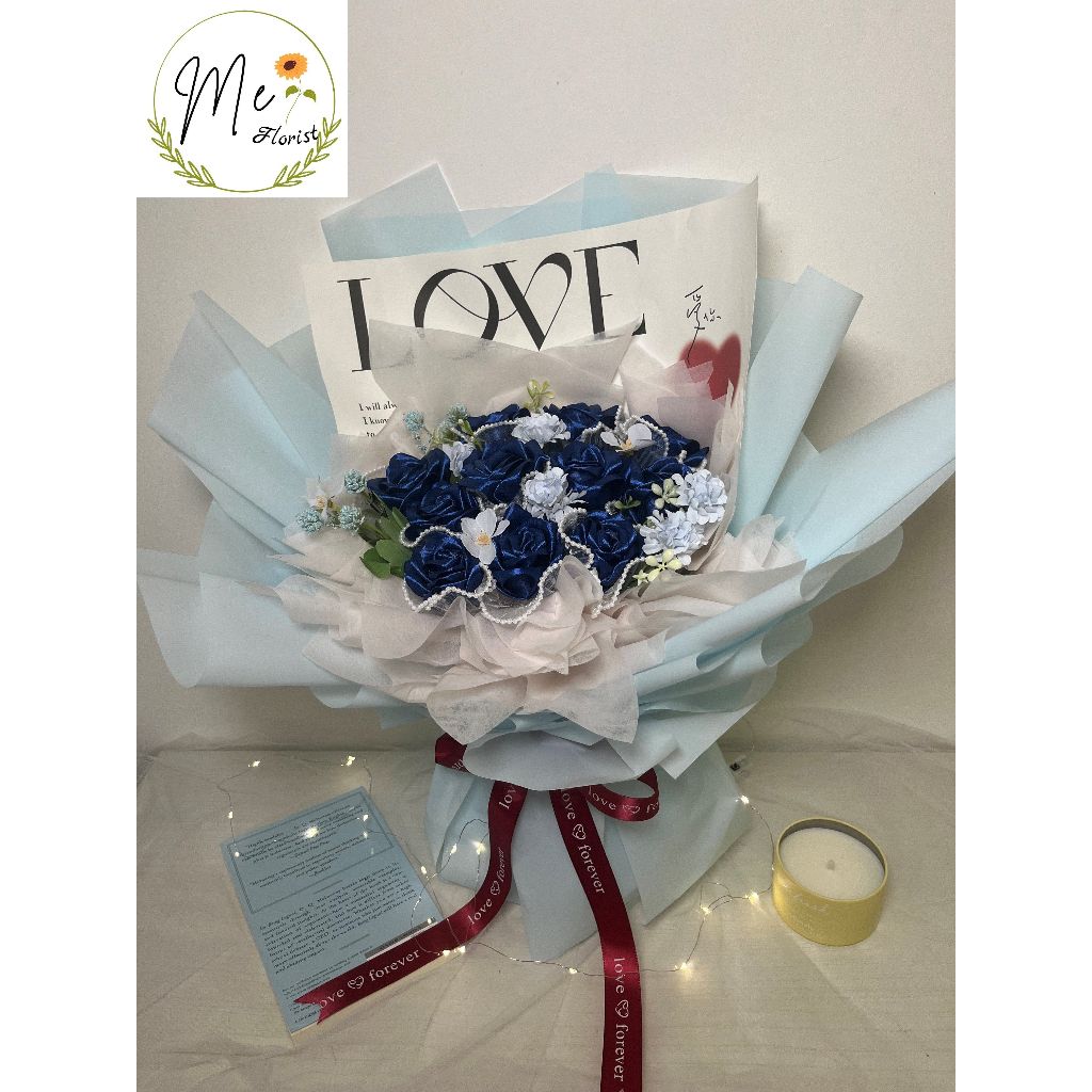 9 Stalk Handmade Navy Blue Ribbon Flower Bouquet with LED and Box ...