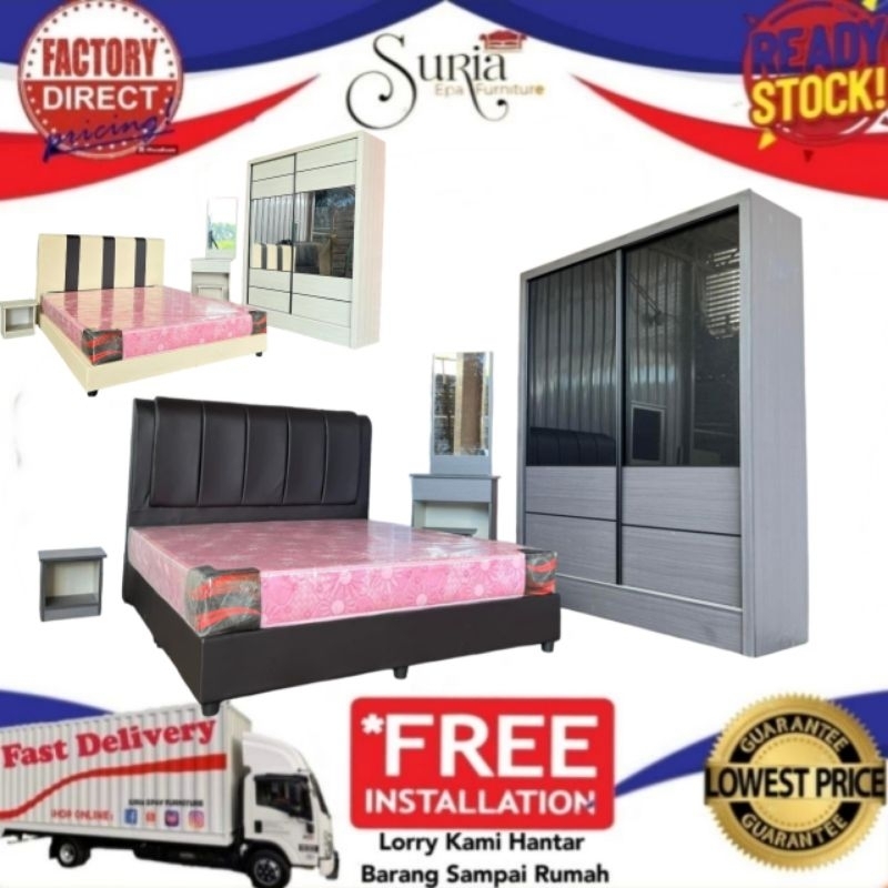[Siap Pasang]Bedroom Set 5'x7' (Divan 5'+Wardrobe+Dressing Table+Side ...