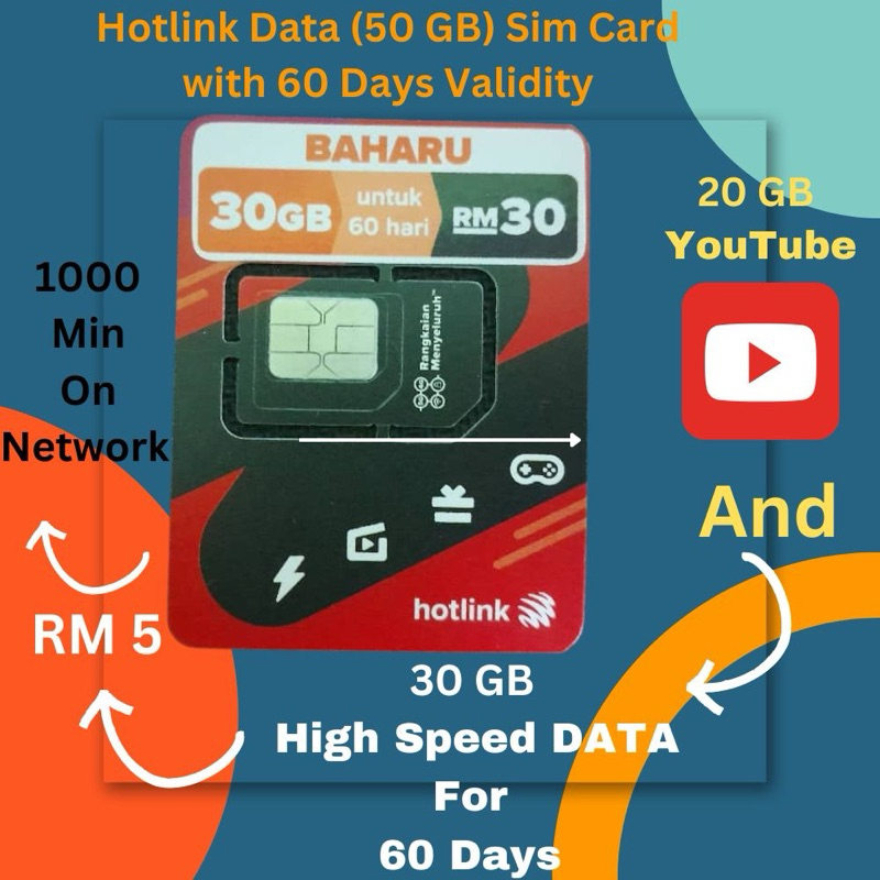 MAXIS | HOTLINK SIM CARD | INTERNET DATA 50 GB (30GB+20GB YOUTUBE ...