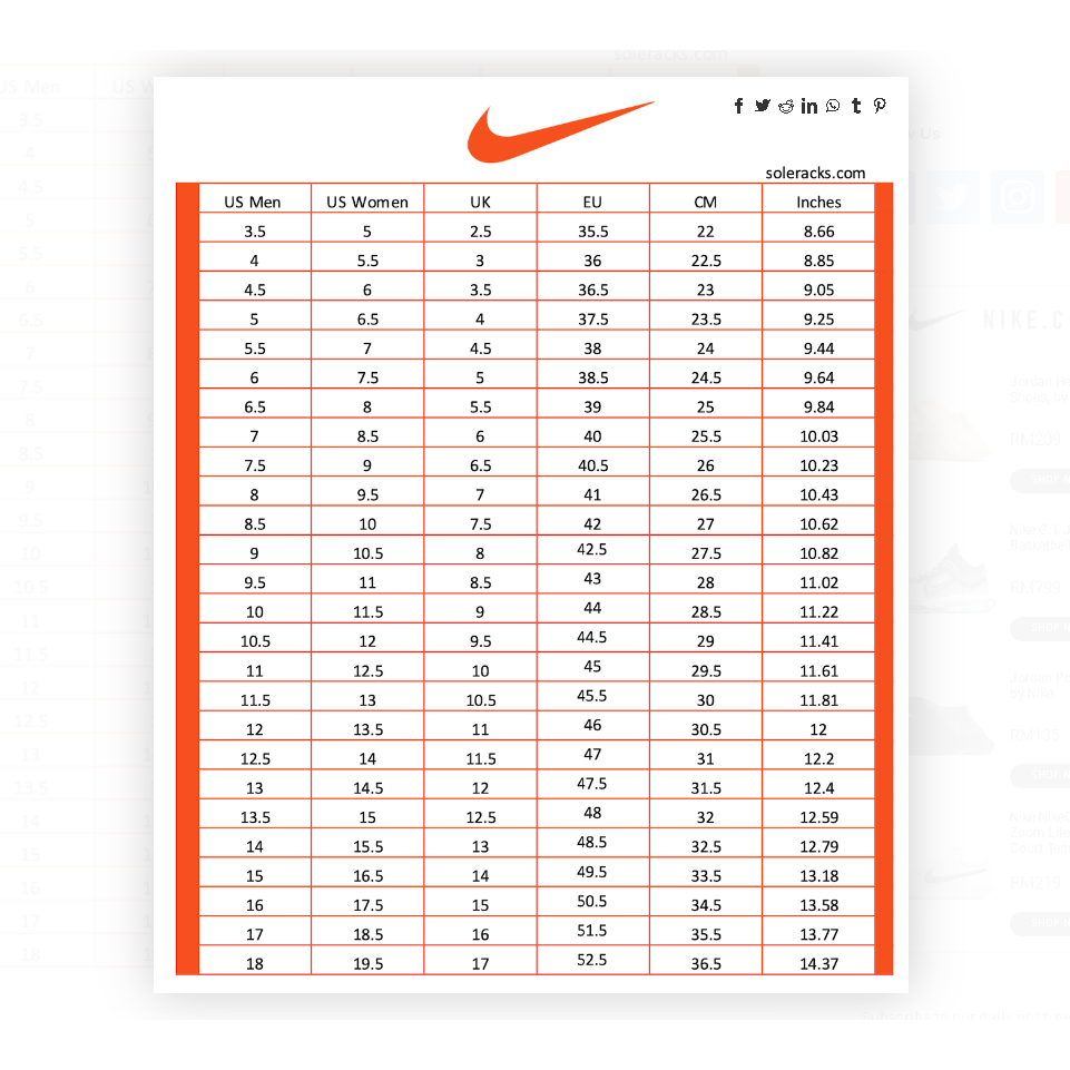 Nike size chart women store