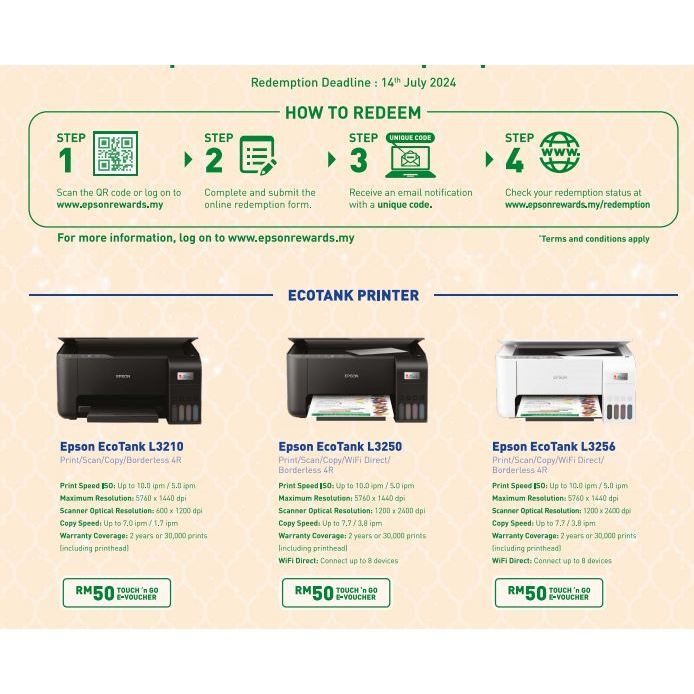 *EPSON WARRANTY *EPSON ECOTANK L3210 / L3250 / L3110 / L3256 / L3150