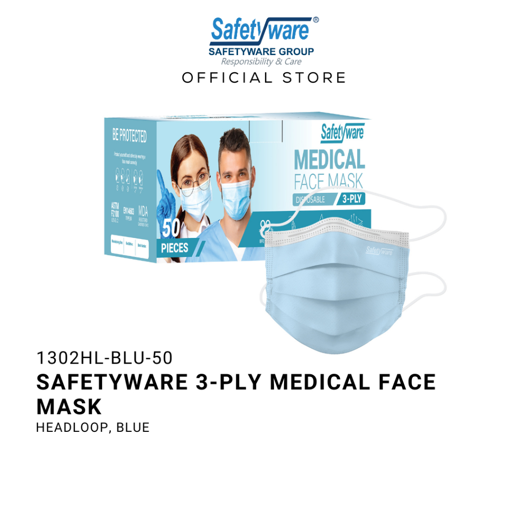 Safetyware (HEADLOOP) 3-Ply Premium Medical Face Mask I Headloop I BFE ...