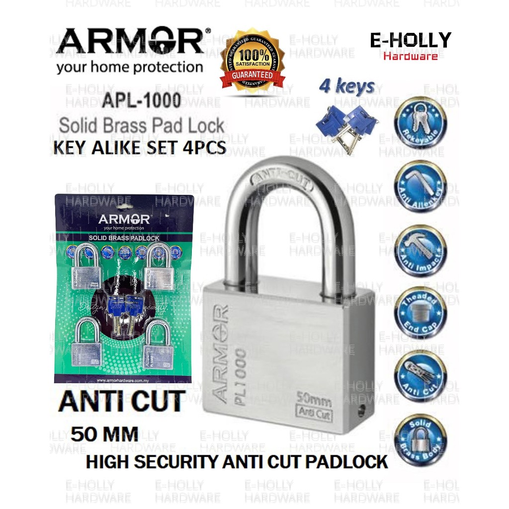 EHOLLY ARMOR APL-1000 50MM SOLID BRASS PADLOCK ANTI CUT (KEY ALIKE SET ...