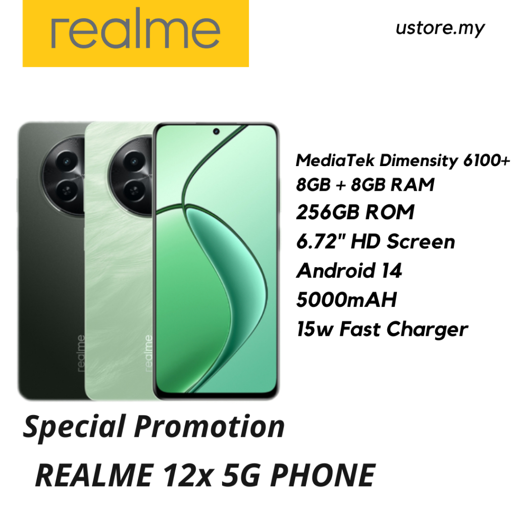 REALME 12x 5G Phone (8+8+256GB) - GLOWING BLACK / FEATHER GREEN ...