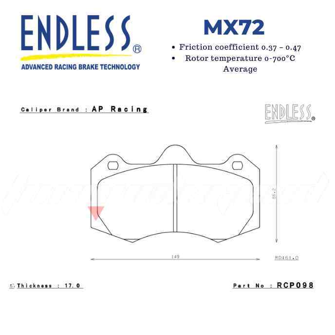 ENDLESS BRAKE PAD MX72 FOR ENDLESS AP RACING 6 POT CP7040/9040 ...