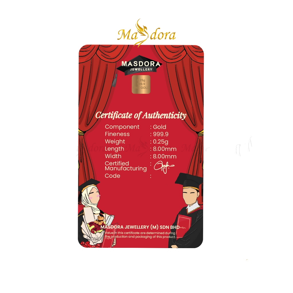 MASDORA 999.9 Gold Bar 0.25GM Gift Series ~ Happy Graduation (EMAS 999. ...