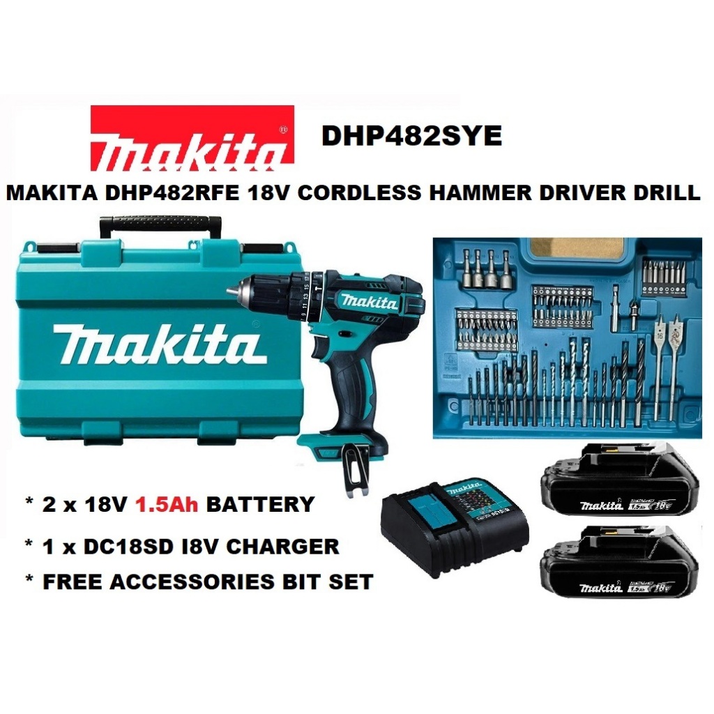 MAKITA DDF482SYE 18V CORDLESS DRIVER DHP482SYE 18V CORDLESS HAMMER DRIVER DRILL SET