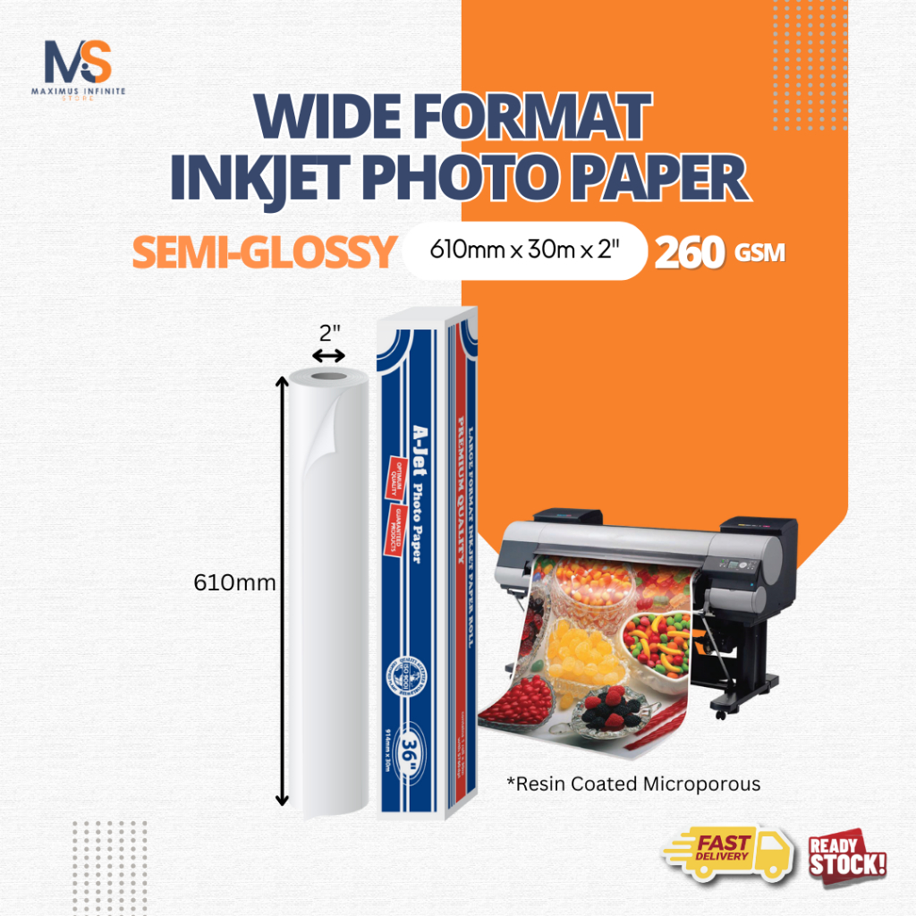 [SEMI-GLOSSY] 610mm x 30M x 2'' - 260gsm / A-JET Wide format inkjet ...