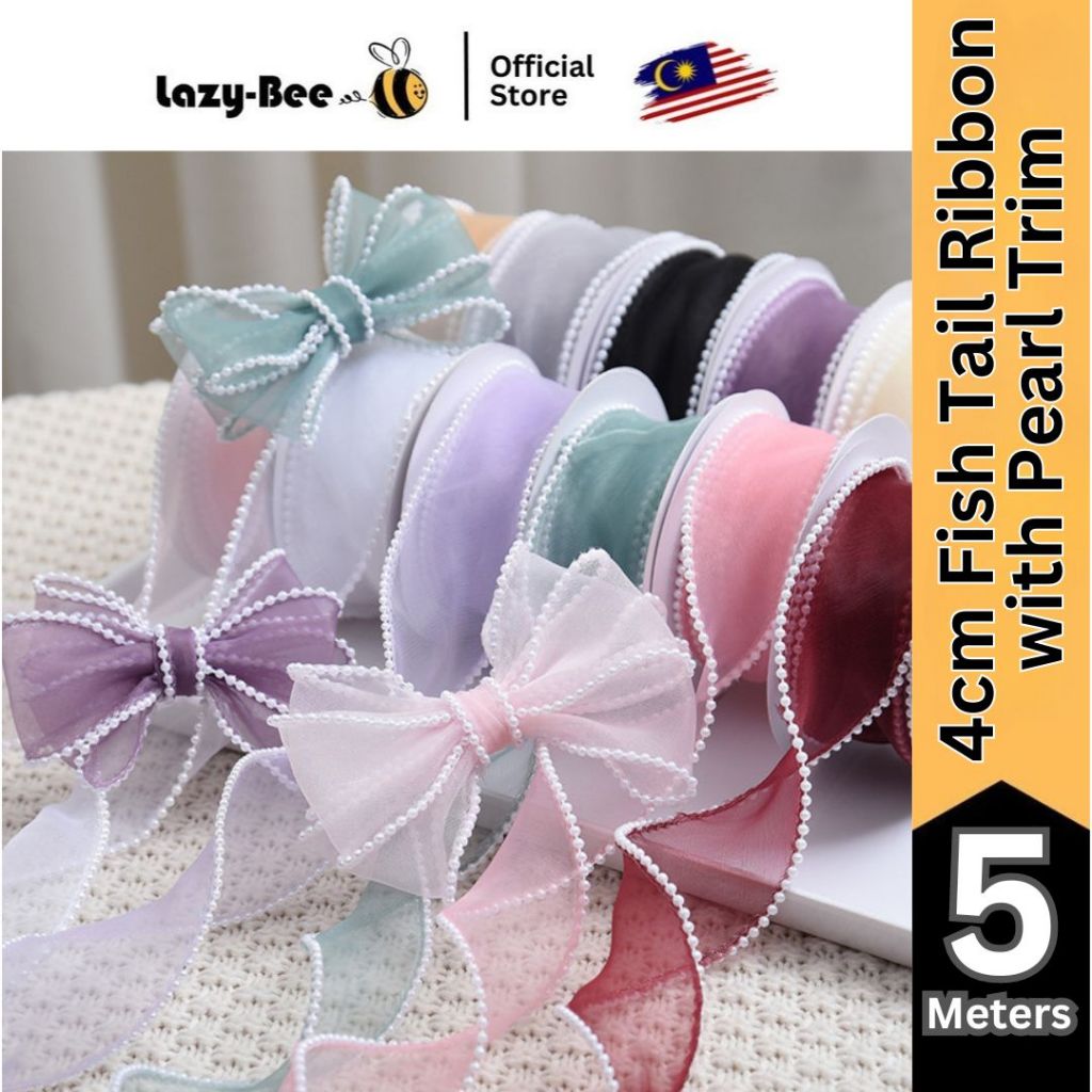 LAZY BEE 4cm Fish Tail Ribbon with Pearl Trim 5 meter Wedding DIY Craft ...