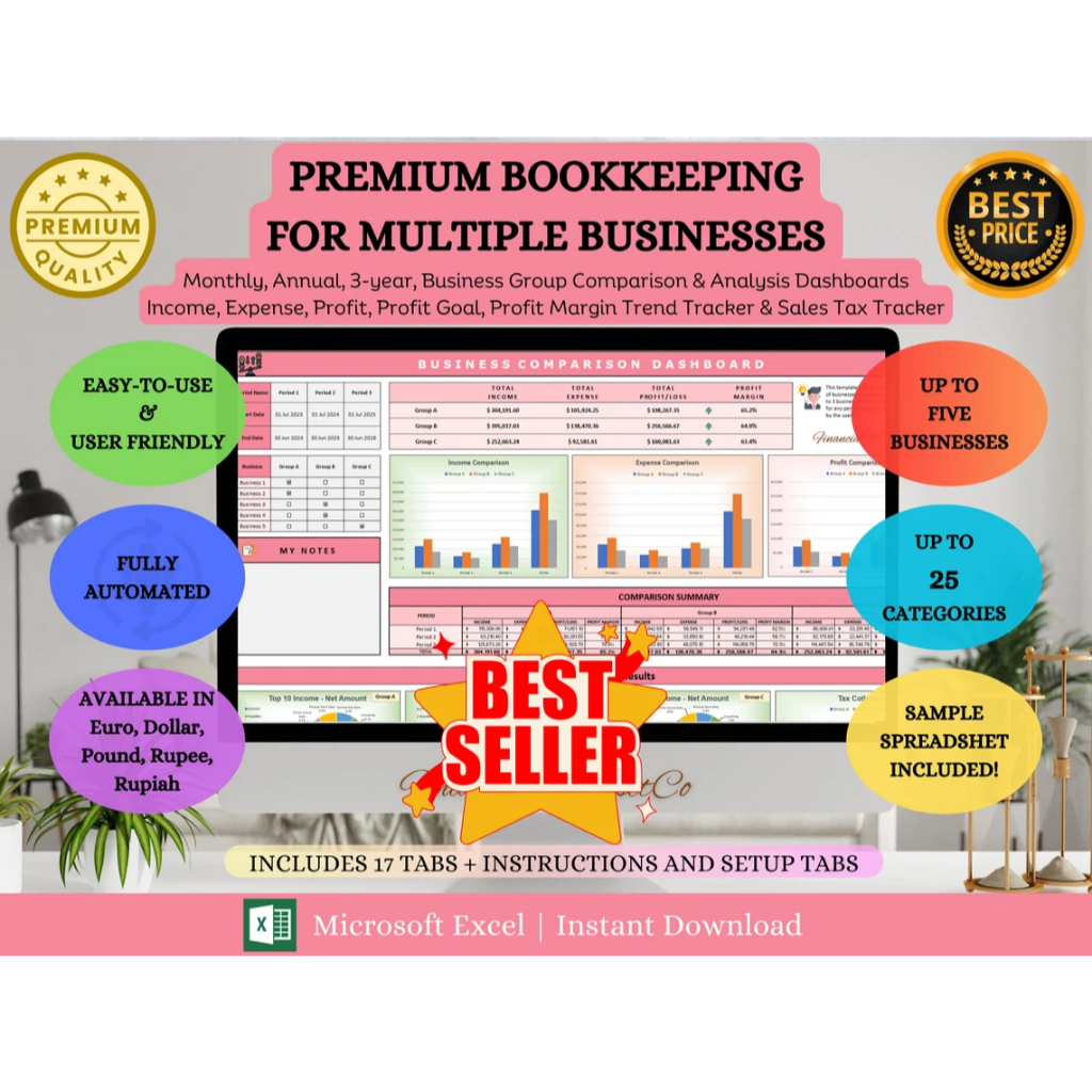 Ultimate Bookkeeping Template for Multiple Business, Premium Monthly ...