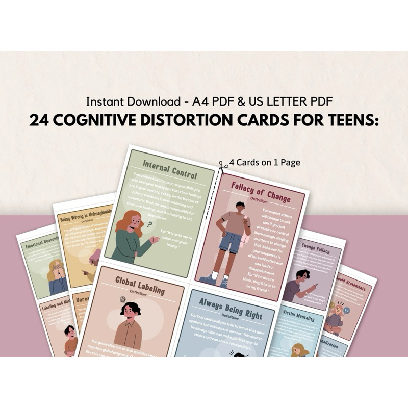 Cognitive Distortion Cards for Teens: CBT Cards, Cognitive Biases ...