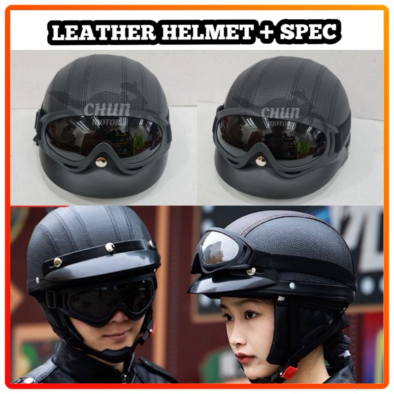 MHR Leather Helmet With Spec Mata Kura Kura Helmet Leather Motorcycle with Glasses Shopee Malaysia