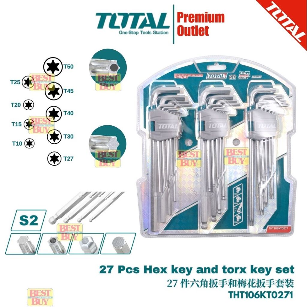 TOTAL Tools 3 in 1 Value pack (Extra Long) 27 Pcs Hex key and Torx key ...