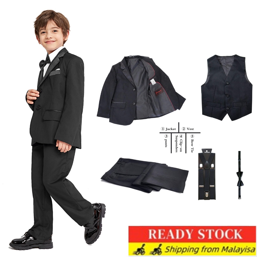 Ready Stock Boys Black Navy Suit Formal Attire Set Tuxedo Wedding ...