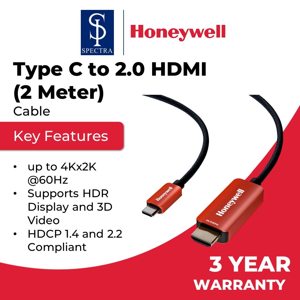 Honeywell Type C to 2.0 HDMI Cable HDCP 1.4 and 2.2 Compliant / Support ...