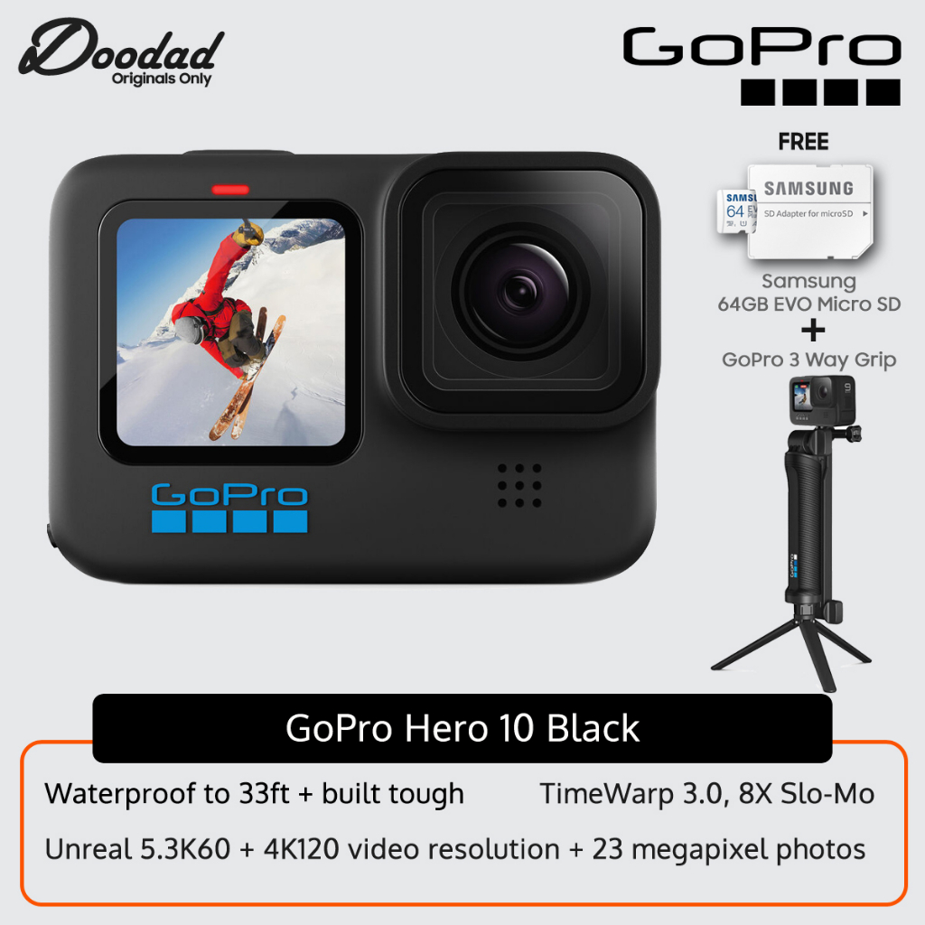 GoPro Hero 10 Black with 3 Way Tripod & 64GB Micro SD Card (Gopro