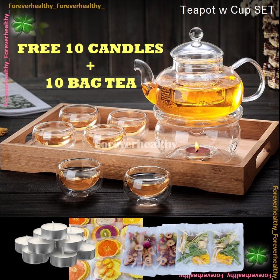 FREE 20PCS GIFT Teapot Glass SET Tea Cups Flower Fruit Tea Candles Base ...