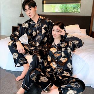 Men Women SIZE M-5XL GUCCI LV Ins Couple Satin Ice Silk Set Long Sleeve  Pyjamas Long Pants Pajamas Baju Tidur