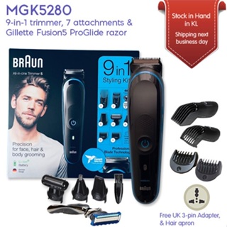 Braun All-in-one trimmer MGK5280, 9-in-1 Beard Trimmer, Hair Clipper, Ear  and Nose Trimmer, Body Groomer, Detail Trimmer, Rechargeable, with Gillette  ProGlide Razor, Black/Blue 