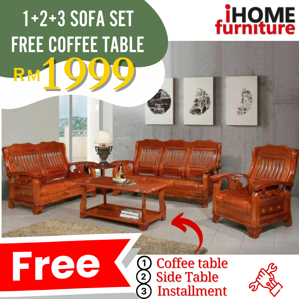 iHOME FURNITURE SABAH 🔥READY STOCK🔥Wooden Sofa Set 123seater Free