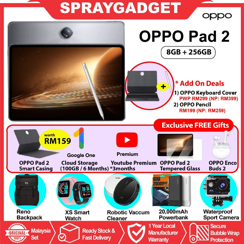 OPPO Pad 2 (8GB RAM + 256GB ROM) 11.6inches Display, 144Hz Refresh rate 🎁 OPPO Malaysia Warranty