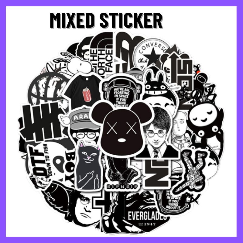 Mixed Stickers Black & White Sticker Campur 50 Keping Waterproof Random ...