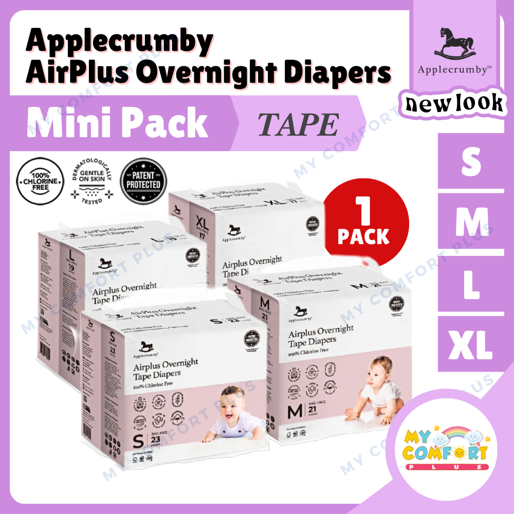 (TAPE) Applecrumby Chlorine Free Airplus Overnight Tape Diapers S23/M21/L19/XL17 (1 Pack