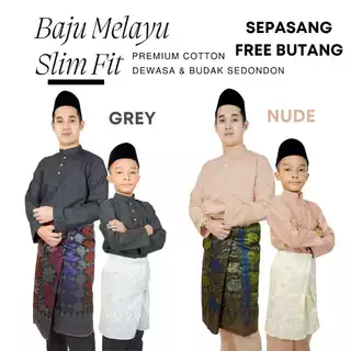 Baju Melayu Warna Kelabu / Warna Nude Baju Melayu Slim Fit Cotton / Baju Melayu Dewasa & Budak Raya