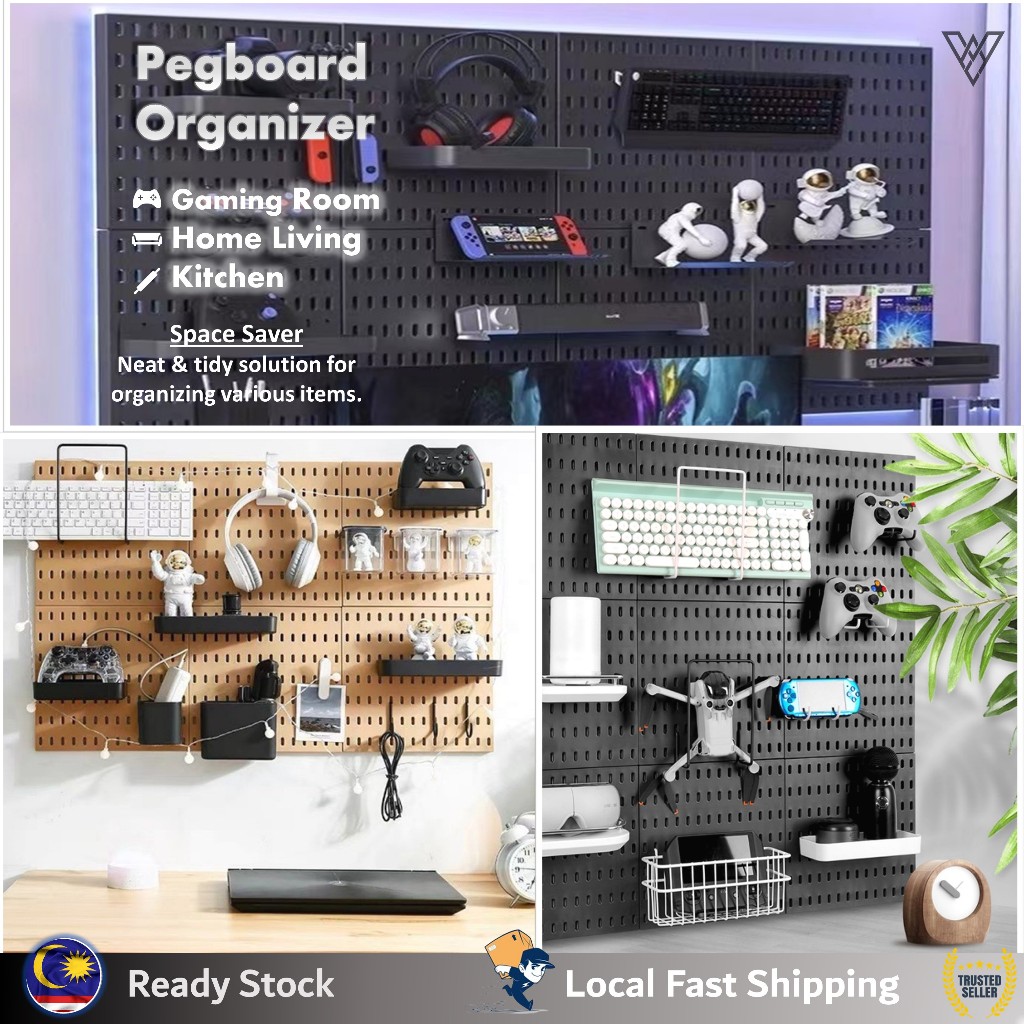 Pegboard Storage Organizer Hole Board Phone Holder & Shelf Hanging Rack ...