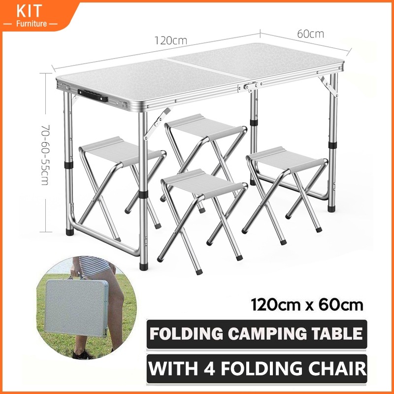 120 x 60cm Folding Camping Table with 4 Chair Aluminium Foldable Indoor