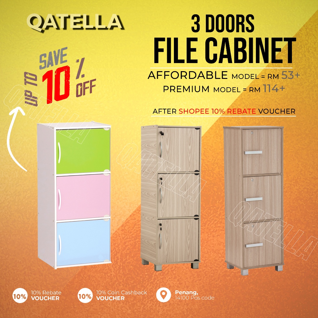 Qatella 3 Doors Shelf /3 Compartment Shelf with Doors/3 Kotak