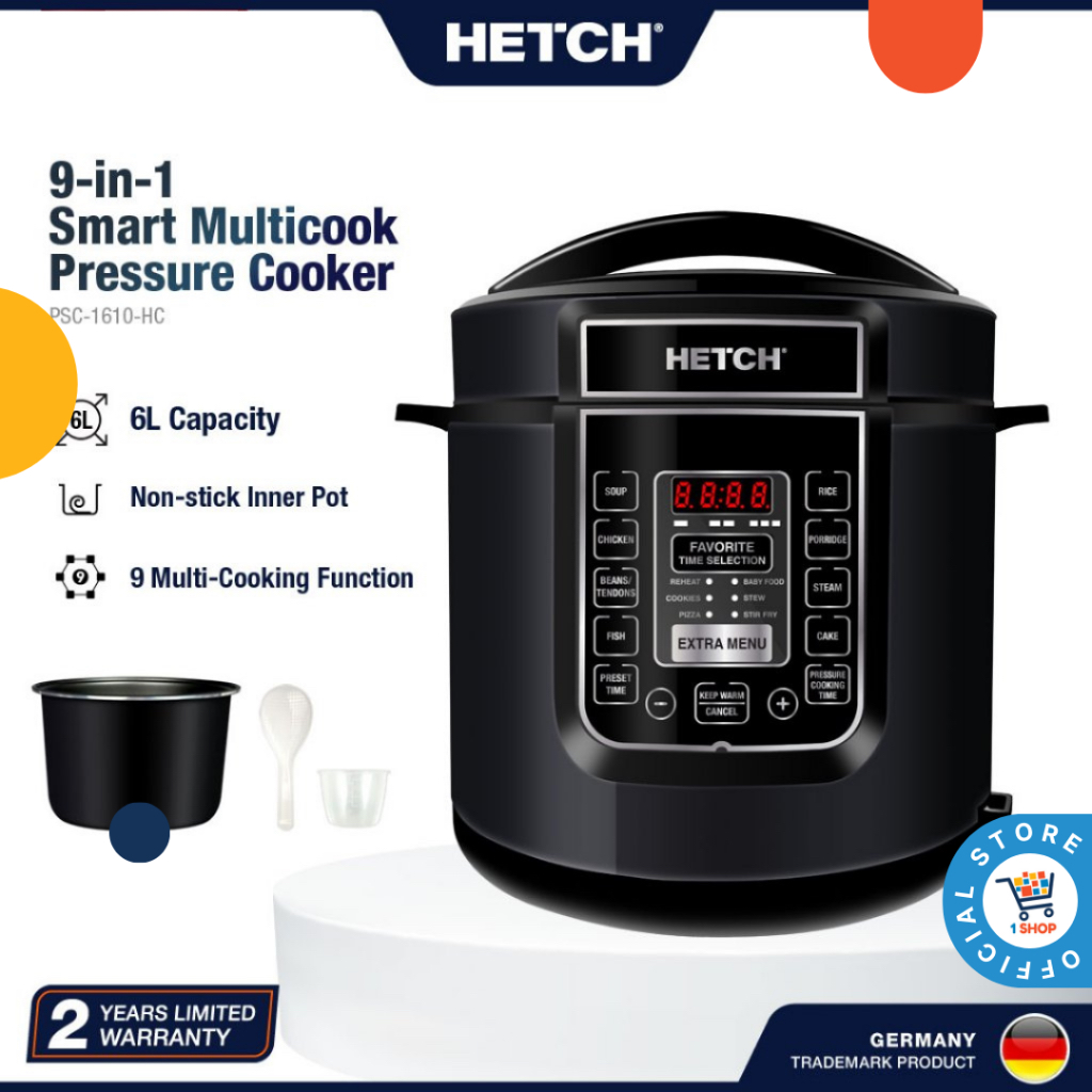 HETCH 9-in-1 Smart MultiCook Pressure Cooker & Rice Cooker (1000W/6L ...