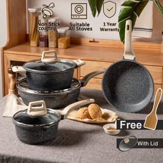 Carote Light Granite Non Stick Frying Pan Large Capacity Healthy Fry Pan  Kuali with Lid Spouts PFOA Free Suitable All Stove Including Induction  (20/24/28CM,Cosy Collection)