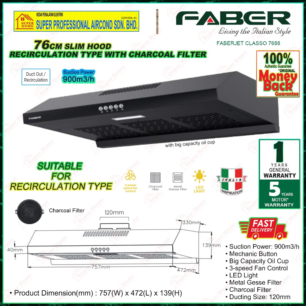 Faber Slim Hood FABERJET CLASSO 7688 76cm Recirculation / Faber Built