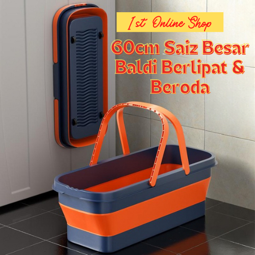 Blue Orange Baldi Air Boleh Lipat Collapsible Water Pail With Handle Foldable Bucket Flat Mop 9258