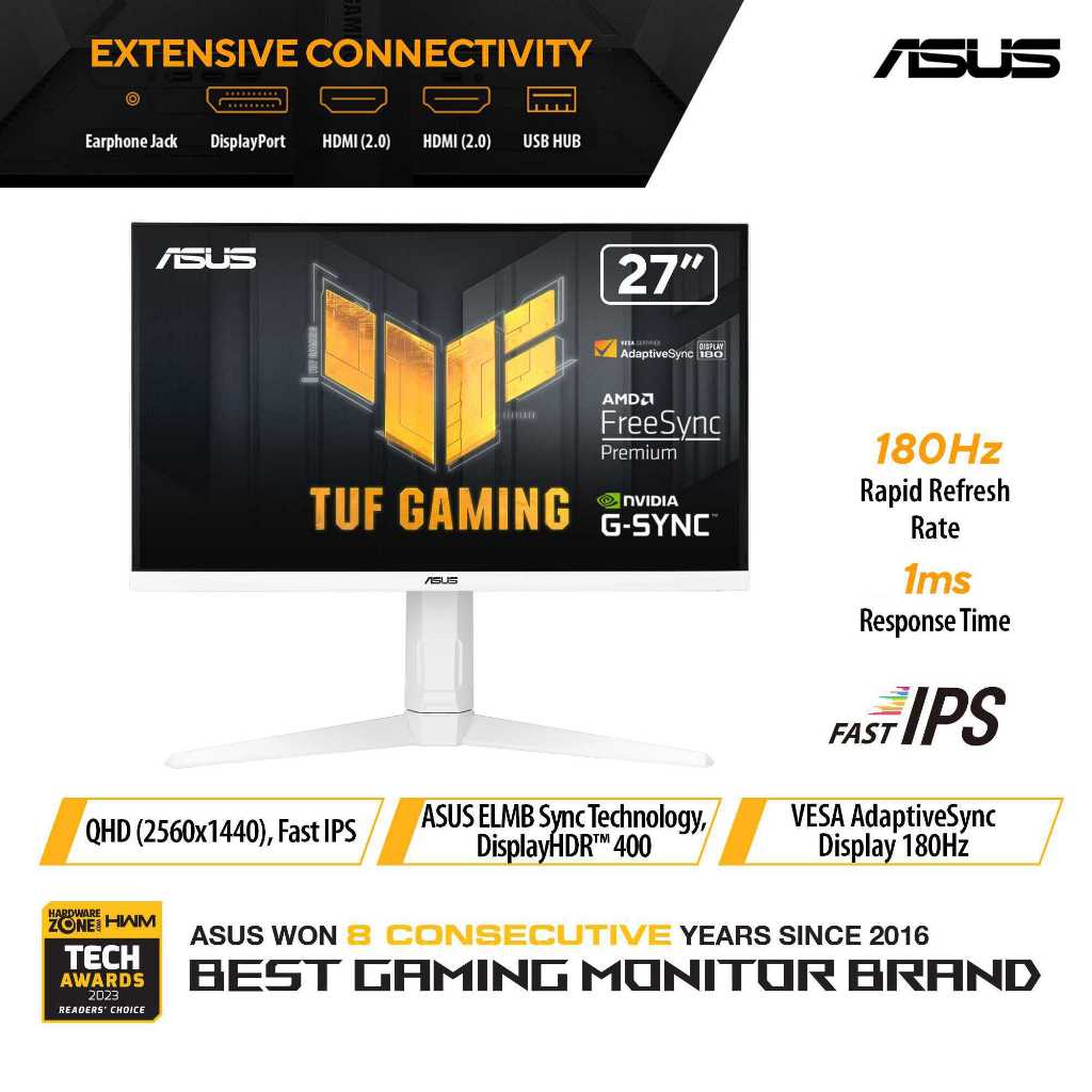 ASUS TUF Gaming VG27AQL3AW White Gaming Monitor 27inch, QHD