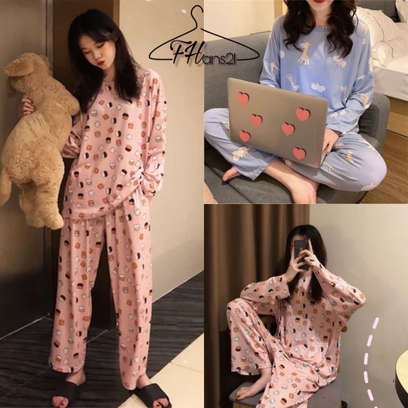 FHs 2Pcs/Set Women Pyjamas Cartoon Printed Set With Long Pant Sleepwear  Nightwear Baju Tidur