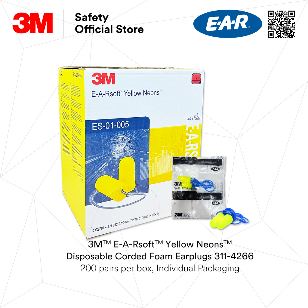 [Sell by Box] 3M™ 311-4266 E-A-Rsoft Yellow Neons Corded Foam Earplugs ...