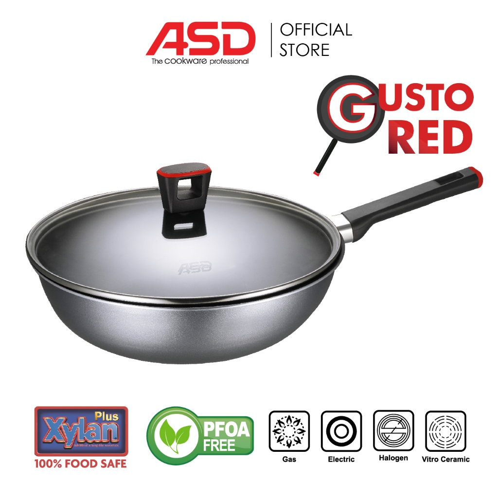 ASD Gusto Red Non Stick Stir Fry Pan + Transparent Glass Lid (28cm ...