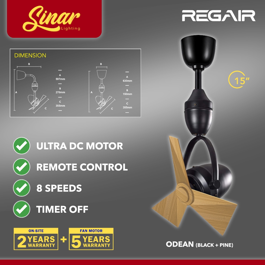 Regair Inovo Corner Fan ODEAN 16” DC Motor Remote Ceiling Fan / Kipas
