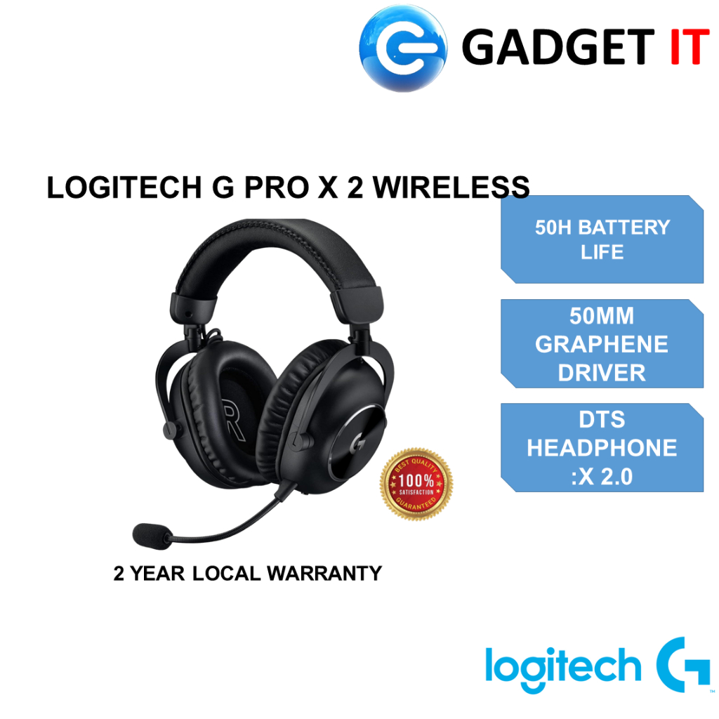 LOGITECH G PRO X 2 LIGHTSPEED WIRELESS GAMING HEADSET DETACHABLE BOOM MIC 50MM GRAPHENE DRIVERS DTS X