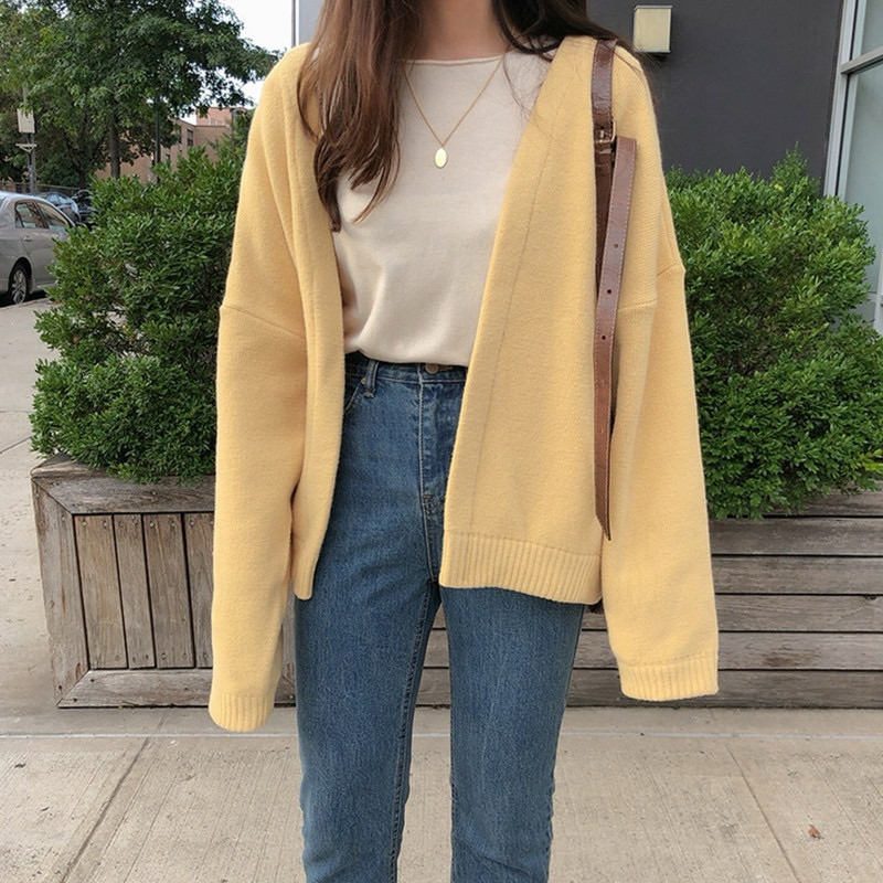 New Fashion Women Cardigan Casual Plain Long Sleeve Sweater Yellow ...