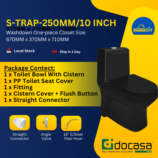 DOCASA GLOSS BLACK 10 INCH 250mm S Trap Rimless Washdown One Piece WC