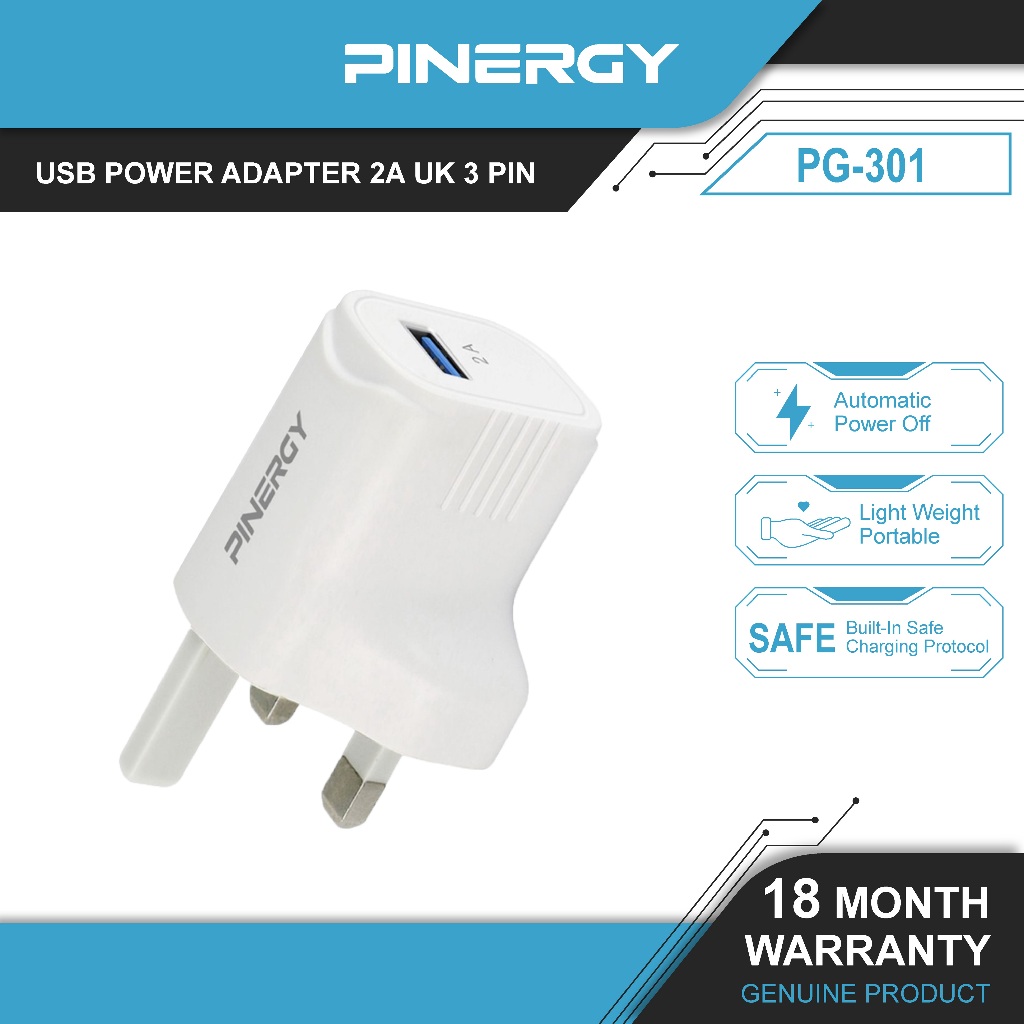 PINERGY USB Power Adapter 2A UK3 Pin Malaysia Plug USB Wall Charger UK