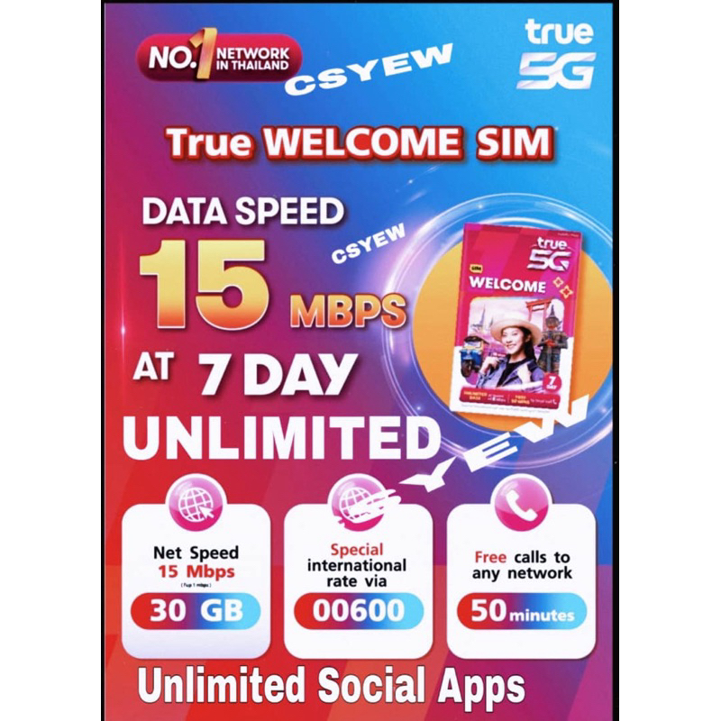 Thai Sim Card Truemove 7 Days Unlimited Internet （泰国无限7天网卡） 