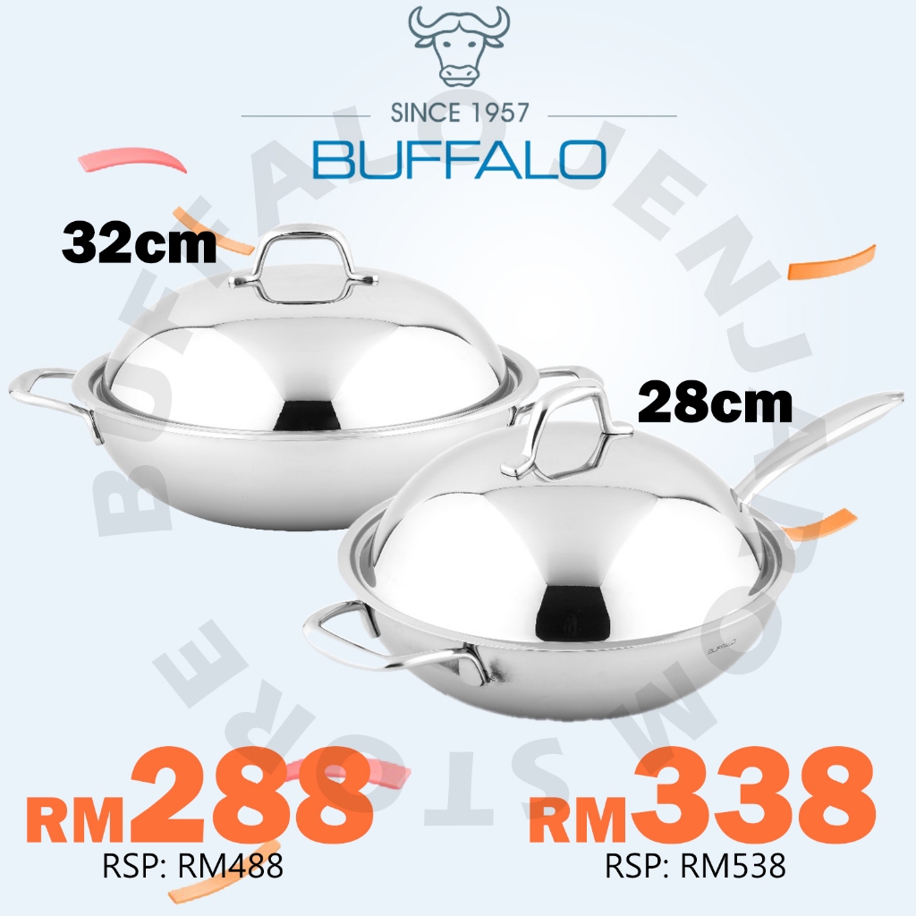 BUFFALO 28cm/32cm 3-ply SUS304 Honeycomb Wok Flat Bottom Wok With ...