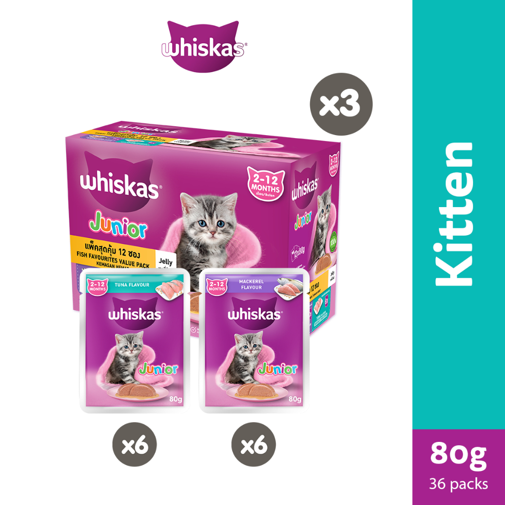 WHISKAS Junior Wet Cat Food in Tuna And Mackerel 80g (36Pack) Shopee