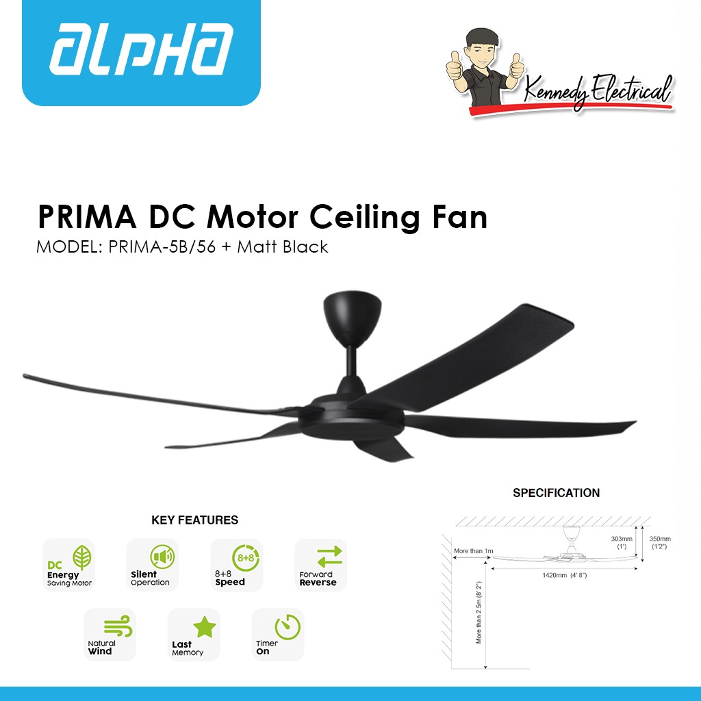 Alpha PRIMA 5B/56 56 Inch DC Motor Ceiling Fan PRIMA-5B/56 + Matt Black ...