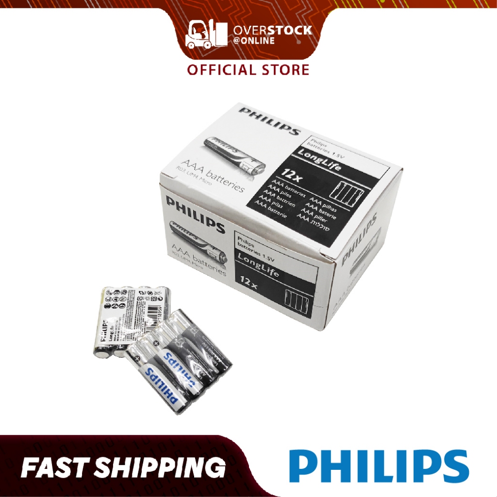 PHILIPS R03 AAA 4Pc Shrink Pack Zinc Chloride Battery (48 Pcs/Box, 12 ...