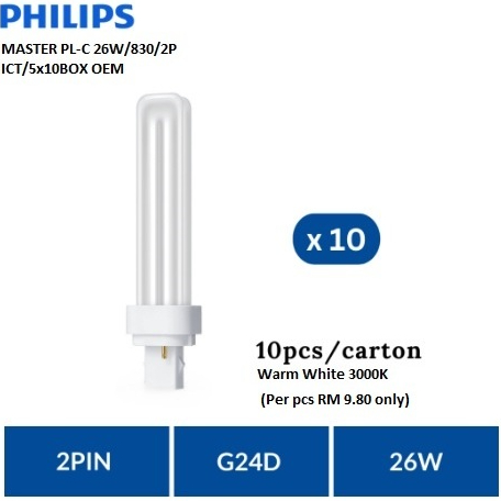 PHILIPS MASTER PL-C 2Pin (1X10nos) per cartoon 26W, 3000K Warm White ...